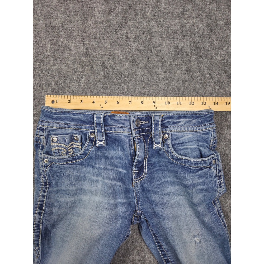 Rock Revival Lang Bootcut Jeans Womens 26 Blue Distressed Mid Rise Thick Stitch - Picture 7 of 13